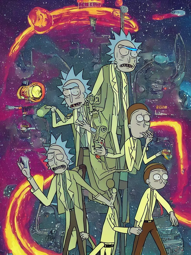 Prompt: rick and morty 6 0 s sci fi movie poster by dave mckean