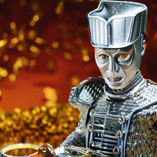 Image similar to a still from a tv commercial for an action figure of christopher walken as the tin man from the wiz the movie, 4 k, highly detailed, award winning, look at all that detail!