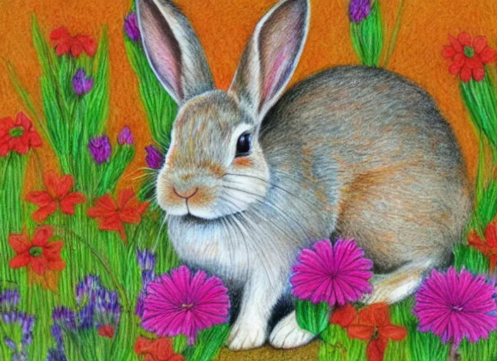 Prompt: rabbit, flowers, serene, happy, artwork, colored pencil, detailed, stylized
