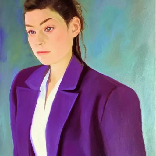 Image similar to 1 8 year old white shirt, purple blazer jacket, brunette, beautiful woman, determined, fearless, sharp looking portrait, oil painting