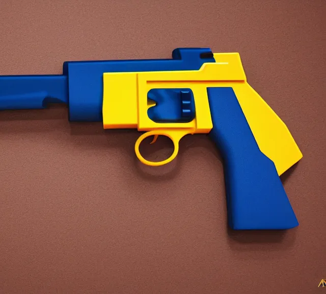 Image similar to a 4 k photorealistic photo full shot of a yellow and blue gun.