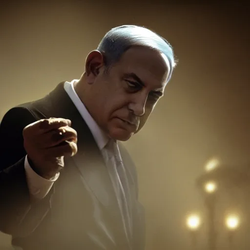 Image similar to portrait of benjamin netanyahu as the godfather smoking a cigar, neo noir style, dramatic lighting, cinematic, dark, foreboding, establishing shot