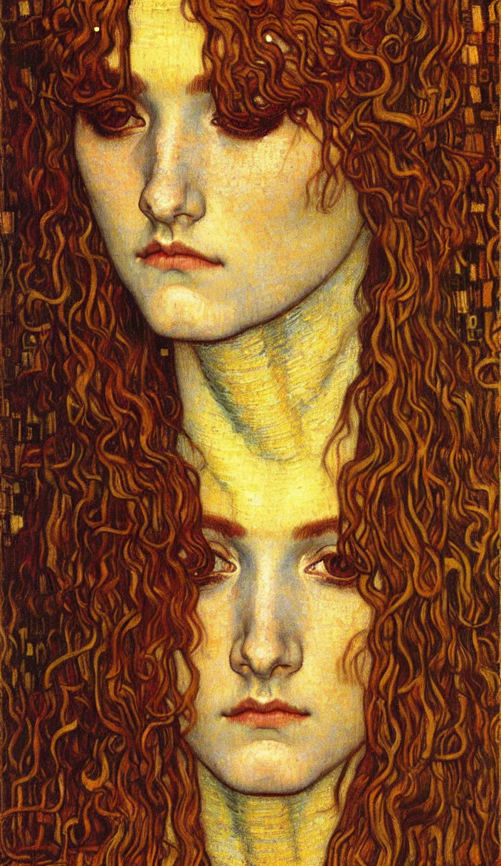 Image similar to detailed realistic beautiful young medieval queen face portrait by jean delville, gustav klimt and vincent van gogh, art nouveau, symbolist, visionary, gothic, pre - raphaelite, muted earthy colors, desaturated