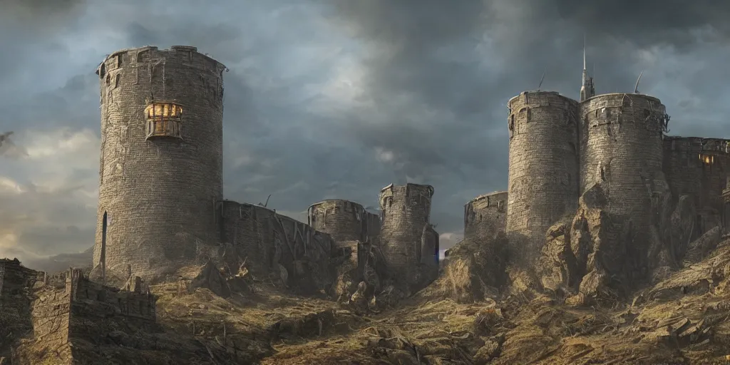 Image similar to beautiful matte painting of a giant wall with guard towers by weta workshop 8 k, cinematic dramatic atmosphere, dramatic lighting