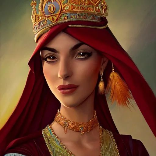 Image similar to a portrait of an arabian princess in a disney movie, crown!! oil painting, pale colors, high detail, 8 k, wide angle, trending on artstation,