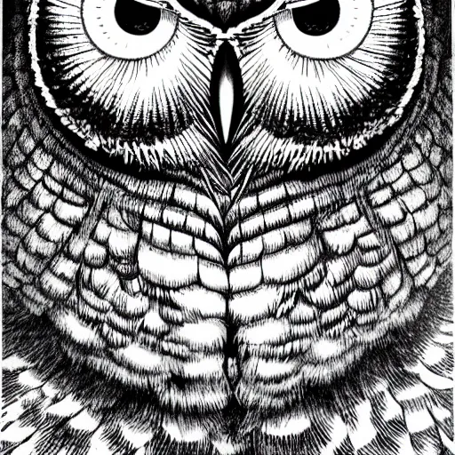 Prompt: manga and white illustration head of a owl, super detailed, by asano inio, high contrast, scene