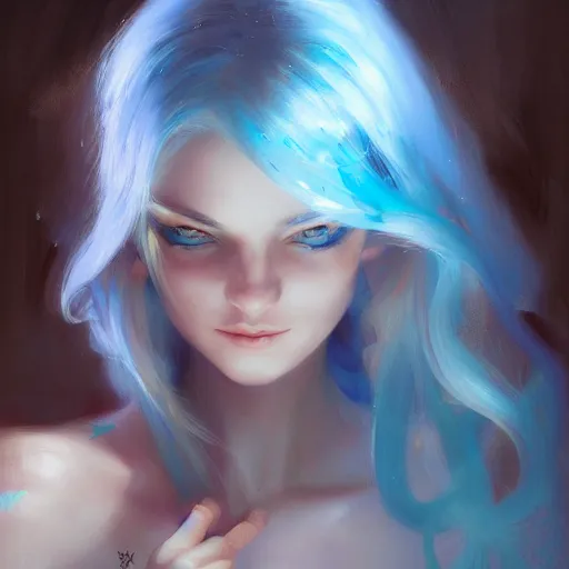 Prompt: beautiful elf woman, long flowing light blue hair, glowing bright blue eyes, very beautiful features, portrait, painting by alphonse muca, greg ruthowski, craig mullins, ruan jia, wlop, very beautiful and detailed, artstation, high quality