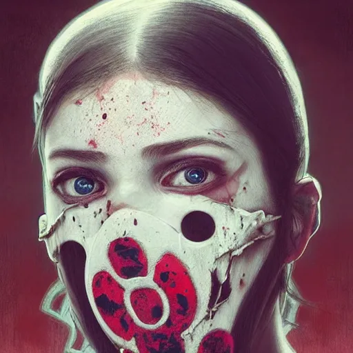 Image similar to portrait painting of a bloodied serial killer wearing a hello kitty mask, ultra realistic, concept art, intricate details, eerie, highly detailed, photorealistic, octane render, 8 k, unreal engine. art by artgerm and greg rutkowski and alphonse mucha