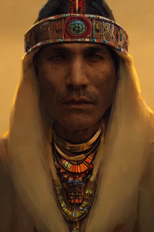 Image similar to aztec priest, close - up portrait, devoted, intricate, elegant, volumetric lighting, scenery, digital painting, highly detailed, artstation, sharp focus, illustration, concept art, ruan jia, steve mccurry