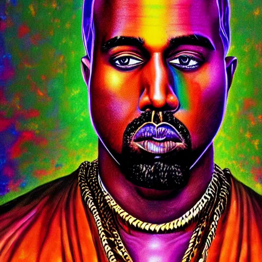 Prompt: an extremely psychedelic portrait of kanye west, surreal, lsd, face, detailed, intricate, elegant, lithe, highly detailed, digital painting, artstation, concept art, smooth, sharp focus, illustration,