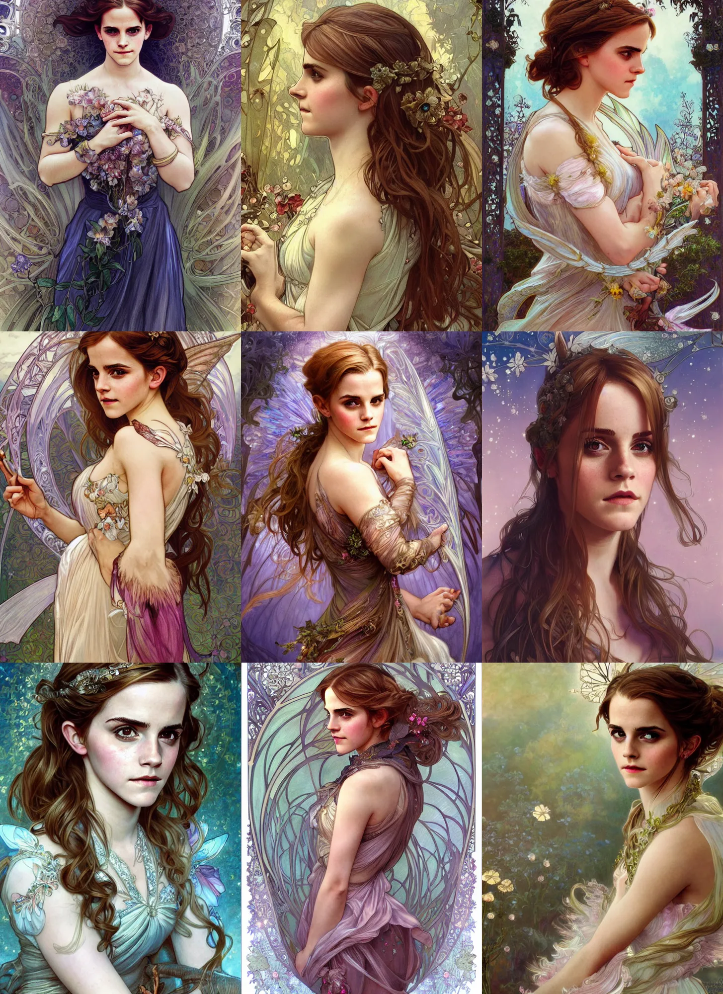 Prompt: Emma Watson as fairy, cute, fantasy, intricate, elegant, highly detailed, digital painting, 4k, HDR, concept art, smooth, sharp focus, illustration, art by alphonse mucha,artgerm, H R Giger