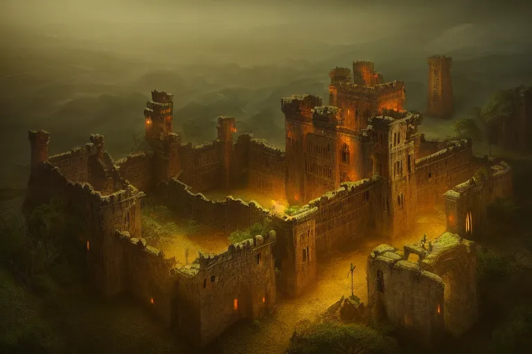Prompt: giant ancient castle, cinematic, epic, dramatic lighting from above, dark, vines, fantasy, dust, unreal engine, octane, highly detailed, concept art, dark, super realistic