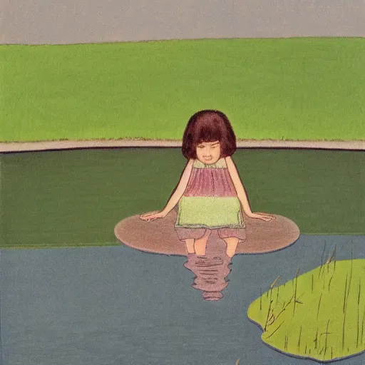 Prompt: Mixed media art. a young girl is sitting on the edge of a pond, with her feet in the water. She is looking at a frog that is sitting on a lily pad in the pond. colored pencil art by Horace Pippin jaunty