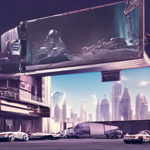 Image similar to sci-fi cars on the coronation of napoleon painting and digital billboard in the middle, unreal engine 5, keyshot, octane, artstation trending, ultra high detail, ultra realistic, cinematic, 8k, 16k, in style of zaha hadid, in plastic, dark, tilt shift,