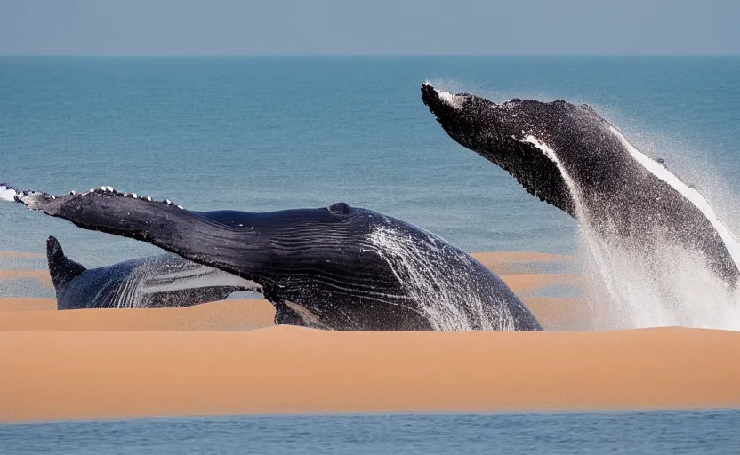 Image similar to whales jumping into sand dunes, photography