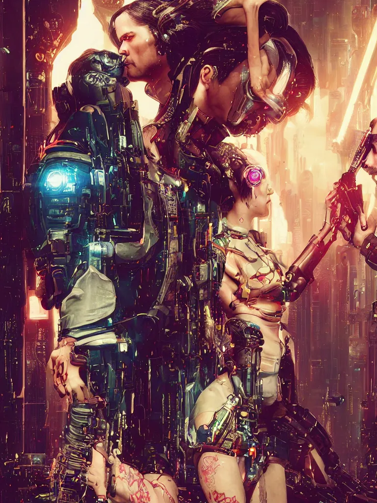 Prompt: a cyberpunk 2077 srcreenshot wedding couple portrait of Keanu Reeves and female android final kiss,love,film lighting,by Laurie Greasley,Lawrence Alma-Tadema,Dan Mumford,John Wick,Speed,Replicas,artstation,deviantart,FAN ART,full of color,Digital painting,face enhance,highly detailed,8K,octane,golden ratio,cinematic lighting