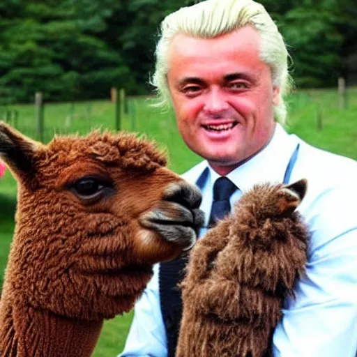 Prompt: geert wilders touching alpaca behind