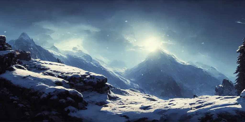 Image similar to snowy mountainous landscape, cinematic view, blue sky, detailed, concept art, low angle, high detail, realistic, warm lighting, volumetric, godrays, vivid, artstation, digital painting by jordan grimmer and greg rutkowski