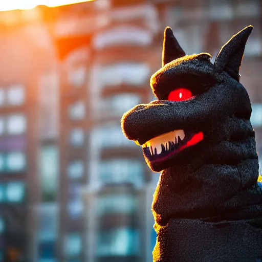 Image similar to photograph of a black dragon fursuiter at a furry convention in the city, outdoors during sunset, studio photography, f/1.8 cinematic lens