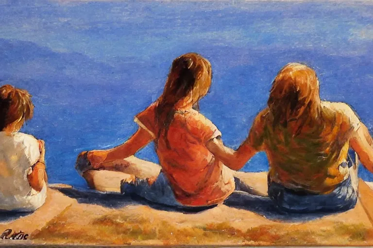 Prompt: friends, sitting on the edge, by rotalla mimmo