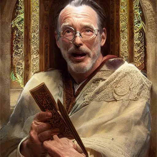 Prompt: patch adams as a cleric, d & d, fantasy, intricate, elegant, highly detailed, digital painting, artstation, concept art, matte, sharp focus, illustration, art by greg rutkowski and alphonse mucha