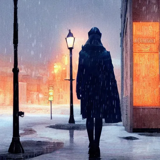 Prompt: Elle Fanning in Dark Souls in the world of Edward Hopper, stormy snowy weather, streetlights, extremely detailed masterpiece, oil on canvas, low-key neon lighting, artstation, Blade Runner 2049, Roger Deakin’s cinematography, by J. C. Leyendecker and Peter Paul Rubens,