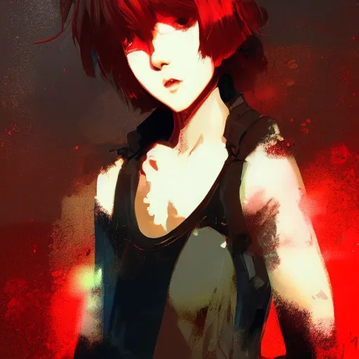 Image similar to portrait of a teen girl with short red hair, dramatic lighting, anime illustration by Greg rutkowski, yoji shinkawa, 4k, digital art, concept art, trending on artstation, アニメ, featured on pixiv