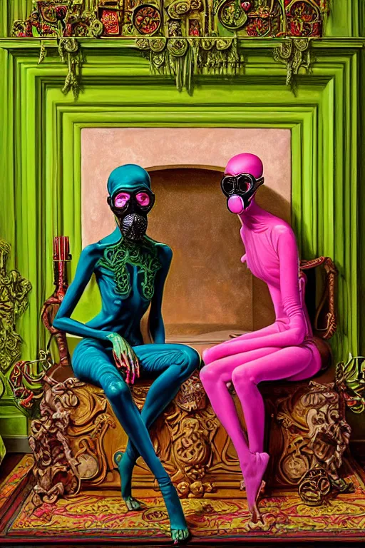 Prompt: two skinny, fleshy figures with extra limbs, wearing ornate gas masks, draped in silky green and pink, high fashion, sit next to a fireplace with swirling blue flames inside grand room by greg hildebrandt, mark brooks, karol bak, hauntingly surreal, gothic highly detailed painting with neon by jenny saville, soft light 8 k