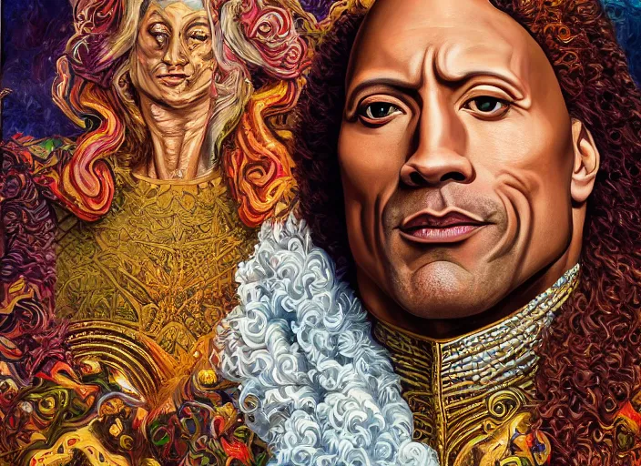 Image similar to beautiful oil painting, full length portrait of Dwayne the rock Johnson as Louis xiv in coronation robes 1701, Dan Mumford, Dan Mumford, Alex grey, Alex grey, highly detailed , lsd visuals, dmt fractal patterns, hallucinogen, visionary art, psychedelic art, ornate, vaporwave, baroque