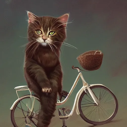 Image similar to head and shoulders masterpiece portrait of cute cat riding a bicycle, surreal background, digital art by Krenz Cushart, trending on artstation, cgsociety,