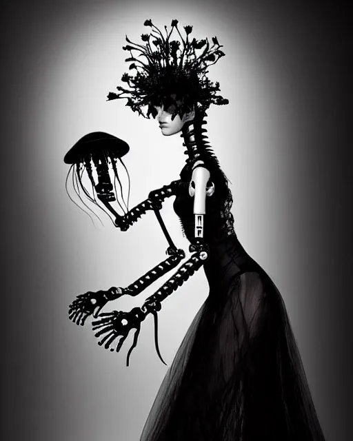 Image similar to dreamy surreal poetic black and white photo of a beautiful young bio-mechanical-female-jellyfish-cyborg-plastic-robot with a very long neck and a super big gothic lace collar and a very high big floral crown with many black dry roses by Vivienne Westwood:: smoke, high fashion, haute couture, rococo, avant-garde, elegant, dreamy, hyper realistic, 150 mm lens, soft rim light, octane render, unreal engine, picture was taken in 1910 by Dora Maar, volumetric lighting, dramatic light,8k,