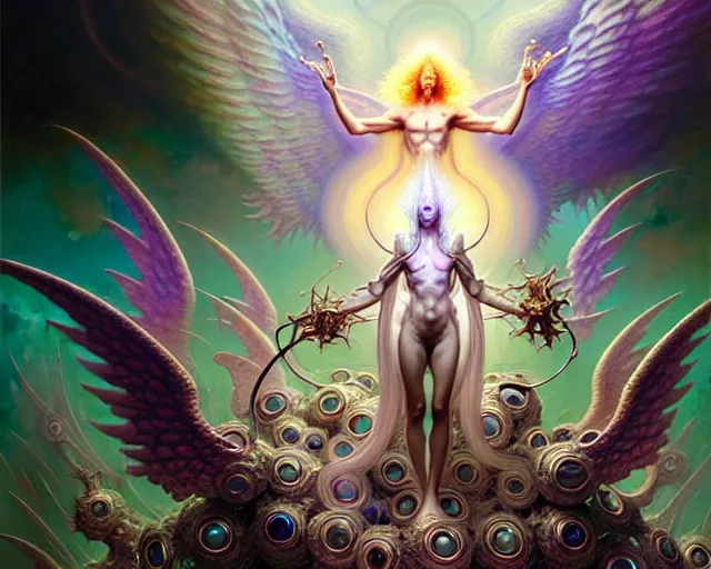 Image similar to the angel of transcendence surrounded by an army of demons, fantasy character portrait made of fractals facing each other, ultra realistic, wide angle, intricate details, the fifth element artifacts, highly detailed by peter mohrbacher, hajime sorayama, wayne barlowe, boris vallejo, aaron horkey, gaston bussiere, craig mullins
