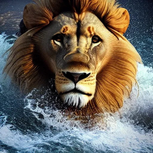 Image similar to a male lion's face breaching through a wave, stormy weather, ocean sprites, closeup of face, trending on artstation, dark lighting