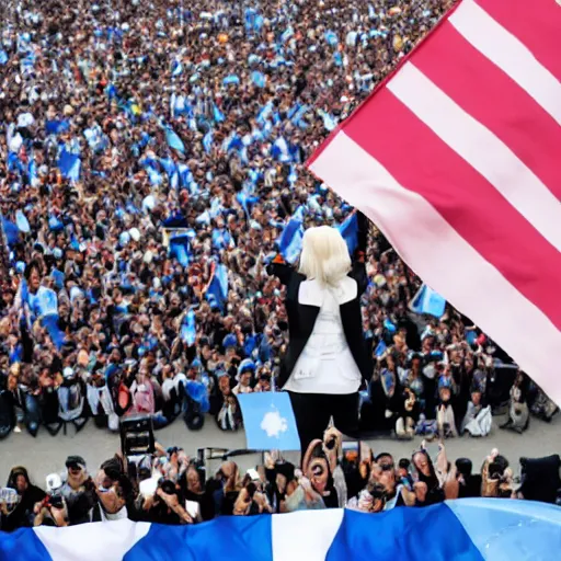 Image similar to Lady Gaga as president, Argentina presidential rally, Argentine flags behind, bokeh, giving a speech, detailed face, Argentina