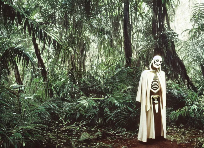 Prompt: screenshot portrait of skeleton in a jedi robe. outside the jedi temple in the jungle. Thriller directed by stanley kubrick, Photographed with Leica Summilux-M 24 mm lens, ISO 100, f/8, Portra 400