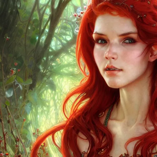 Image similar to highly detailed closeup portrait of beautiful elf woman with red hair, very detailed, realistic, card, by Stanley Artgerm Lau, greg rutkowski, thomas kindkade, alphonse mucha, loish, norman rockwell J.
