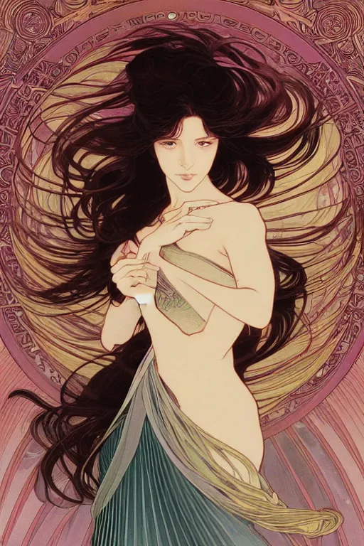 Image similar to beautiful portrait digital painting of a female, blush, pleated skirt, flowing hair, slim face, elegant, alphonse mucha, by yoichi hatakenaka, masamune shirow, josan gonzales and dan mumford, ayami kojima, takato yamamoto, barclay shaw, karol bak, yukito kishiro