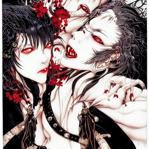 Prompt: vampire kiss, by yoichi hatakenaka, masamune shirow, josan gonzales and dan mumford, ayami kojima, takato yamamoto, karol bak