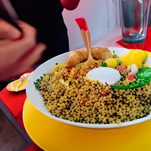 Prompt: high quality photo of Pikachu eating couscous in an Algerian restaurant