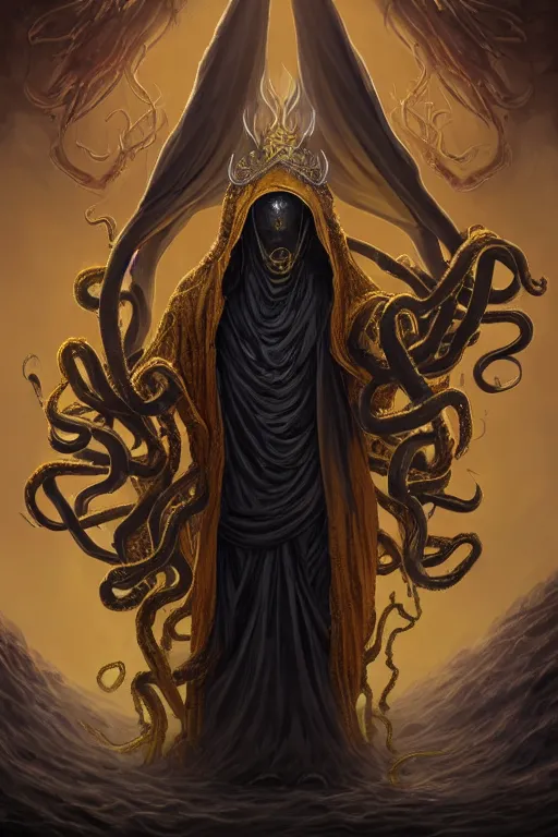 Image similar to A full body portrait of a mysterious character with no face with a very long hooded yellow cloak, a golden crown floating above his head tentacles coming out the ground art by John J. Park, and Jason Chan, ominous, cosmic horror, trending on artstation, Ultra detailed, hyper realistic 4k