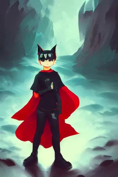 Image similar to little boy with cat ears in an black outfit with red cape. digital artwork made by lois van baarle and james jean and marc simonetti, sharpness focus, inspired by hirohiko araki, anatomically correct, heroic composition, hero pose, smooth