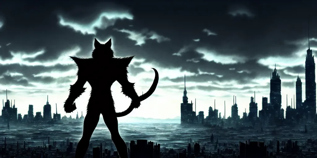 Prompt: Big city, huge cat monster silhouette in the background, in the style of Kentaro Miura, Berserk, landscape, hyperdetailed, ultra quality, 4k, ultra details