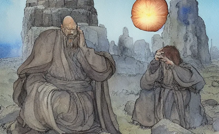 Prompt: a realistic watercolor fantasy concept art of giant monk with a big forehead in grey robes praying in stonehenge. several immense stones are floating in the air. in the background a large ufo is in the sky. by rebecca guay, michael kaluta, charles vess