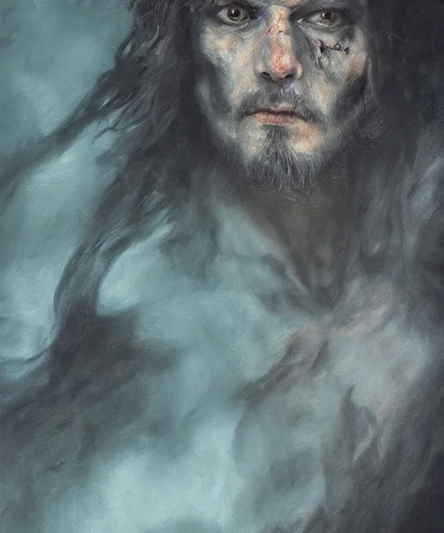 Image similar to ultra realistic color portrait painting of a tranparent 1 7 th century pirate ghost with a sword in a grotto, dark, painted, brooding, atmospheric, seascape, horror, smooth, epic, highly detailed, cinematic, artstation, by kai carpenter