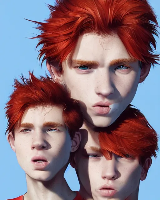 Image similar to portrait of 1 9 - year - old male twins with red hair and freckles, two male, wearing shirts,, hyper realistic face, beautiful eyes, character art, art by mark brooks, hyperdetailed, cryengine, trending on artstation, digital art