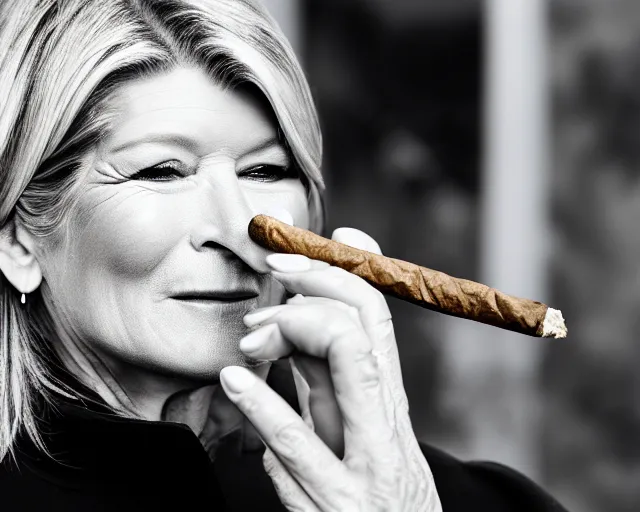 Prompt: martha stewart smoking a cigar, ( sony a 7 r iv, symmetric balance, polarizing filter, photolab, lightroom, 4 k, dolby vision, photography awardm, voque, perfect face )