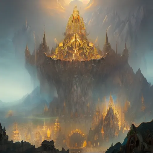 Image similar to grand palace of a great gold dragon by peter mohrbacher, matte painting, 8K, concept art, mystical color scheme, trending on artstation
