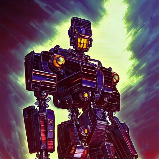 Prompt: a mike deodato style mecha, 1 9 7 0 s sci - fi, oil on canvas painting, smooth, sharp focus, vibrant volumetric natural light in style of josan gonzalez and mike winkelmann and andgreg rutkowski and alphonse muchaand and caspar david friedrich and stephen hickman and james gurney and hiromasa ogura..