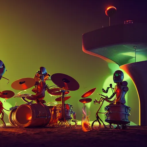 Image similar to ultra detailed a jazz band of aliens playing drums, guitar, saxophone, they are gathered around a flaming dumpster on mars, dark and moody atmosphere, scifi, fantasy, octane render, concept art, bold colours