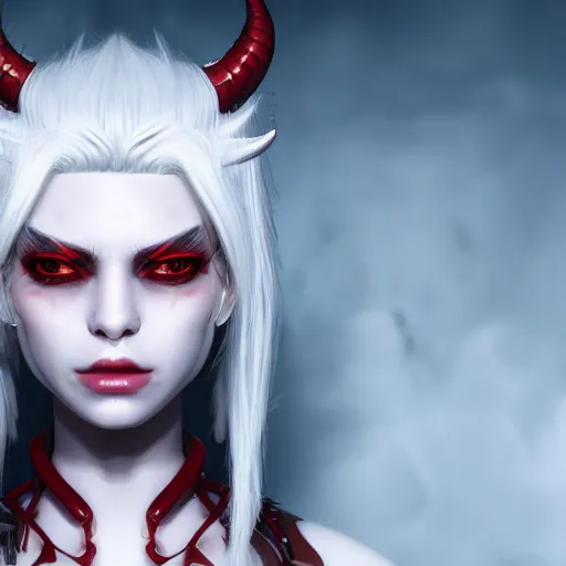 Image similar to a highly detailed portrait of a humanoid demon girl with white hair, red horns, in white clothes, artstation, deviantart, professional, unreal engine 5, photorealistic